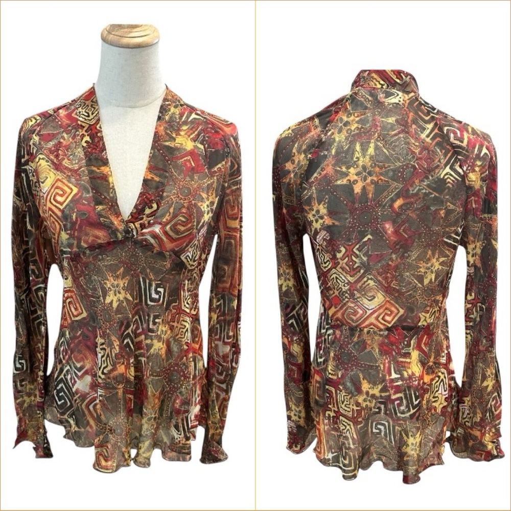 Y2K Silk‎ Babydoll Tunic Top Sz XS/S Flare Sleeves Abstract Print Festival Retro